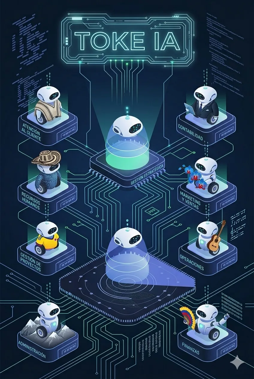 Ilustración de agentes de IA por área de la empresa: atención al cliente, contabilidad, recursos humanos, marketing, operaciones, finanzas y administración
